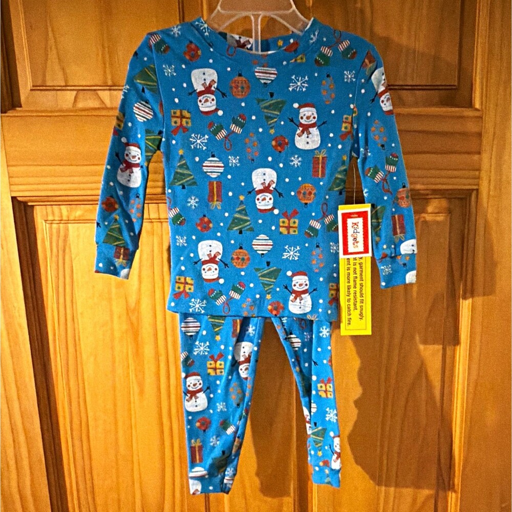 18 moBlue 2-Piece Cotton Knit Pajama Set Long Sleeve Snowman Xmas midgets